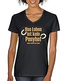 Comedy Shirts - Das Leben ist kein Ponyhof - Damen V-Neck T-Shirt - Schwarz/Hellbraun-Beige Gr. XL