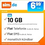 Handytarif sim.de z.B. Allnet Flat 10 GB – (Flat Internet 5G 10 GB, Flat Telefonie, Flat SMS und Flat EU-Ausland, 6,99 Euro/Monat, monatlich kündbar) oder andere T