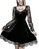 Grufti-Kleid für Damen, Lolita-Kleid mit Spitze, Langarm, schwarz, Retro, Punk, Puffärmel, A-Linie, ausgestellt, kurzes Kleid, F-schwarz, S