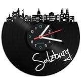 GRAVURZEILE Schallplattenuhr - Skyline Salzburg - Wanduhr aus gegossenem Vinyl mit Stadt Skyline - 30 cm - Upcycling Designer Uhr - Moderne Wanduhr im Retro Vintage Style - Made in Germany