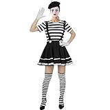 NUWIND Damen Pantomime Kostüm Französisch Klassisch Mime Spiel Set, schwarz-weiß gestreiftes Oberteil Rock Barett Strümpfe Handschuhe Künstler Zirkus Clown Karneval Halloween (XL)
