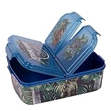 Jurassic World - Brotdose für Kinder mit Dinosaurier-Motiven, Lunch-Box aus Kunststoff mit 3 Fächern und Clip-Verschlüssen, ideal für das Pausenbrot in der S