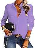 NONSAR Damen Bluse Elegant V-Ausschnitt Hemden Langarm Casual Arbeit Oberteile mit Knöpfen Hemd Lose Langarmshirt Einfarbig Tops (9337L, Lila)