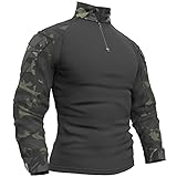 Memoryee Herren Military Tactical Army Combat Langarmhemd Slim Fit T-Shirt mit 1/4 Reißverschluss und Taschen/Dark Night/L