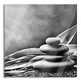 Pixxprint Glasbild | Wandbild auf Echtglas | Zen Steine mit Blättern | 70x70 cm | inkl. Aufhängung und Ab