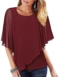 Vafoly Damen Chiffon Lose Fledermaus Kurz Flatter ärmel Bluse Oberteile Mode 2022 Arbeit Lässige Doppellagig Leicht Poncho Cape Schal Damen Swing Lose Tunika Shirt Weinrot XXL