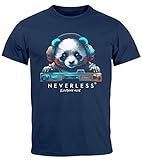 Neverless® Herren T-Shirt Panda Bär Aufdruck Tiermotiv Musik Techo Print Fashion Streetstyle Navy M