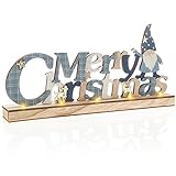 com-four® LED Deko Aufsteller aus Holz - beleuchteter Schriftzug auf Holzsockel - Deko-Schriftzug zum Hinstellen für Weihnachten - Stimmungslicht mit Timer (blau + Santa)