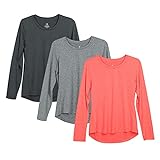 icyzone Damen Sport Shirt Langarm 3er Pack Atmungsaktive Laufshirt Funktionsshirt für Gym Fitness (Black Melange/Charcoal/Coral, XL)