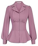 GRACE KARIN Button-Down-Shirts für Frauen Schößchen Tops Langarm Arbeit Bluse Kragen Hemd Dressy Top, rosa / purpur, XX-Larg