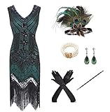 shoperama 20er Jahre Charleston Flapper Damen-Kostüm Grün/Schwarz Pailletten-Kleid mit Fransen und 5-TLG. Pfau Zubehör-Set, Größe:XXL