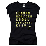 TEE-Shirt, Damen T-Shirt mit Aufdruck Coole Motive. T-Shirt mit London, New York Druck. Flughafen Anzeige. Größe XS,Schw