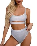 Glitzer-Rave-Outfits für Frauen – Festival, sexy, U-Ausschnitt, Unterbrustausschnitt, bauchfreies Top, hohe Taille, Bikini-Set, silber, Larg