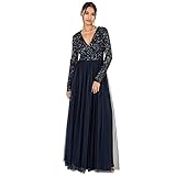 Maya Deluxe Damen Ladies Maxi For Women With Long Sleeves V Neckline Plunging Sequin Embellished For Wedding Gue Dress, Navy, 46 EU