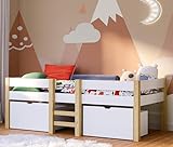 Bellabino Aspy Kinderbett mit Rausfallschutz für Kinder, Hochbett weiß inkl. Lattenrost und 2 Schubladen, Halbhochbett mit Stauraum Natur/weiß, Hochbett 90x200