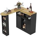 HOMCOM Ausziehbarer Bartisch 360°drehbarer Esstisch mit Stauraum Stehtisch Bistrotisch Küchentheke mit 8 Ablageflächen und 2 Schiebetüren für Esszimmer 187,5 x 35 x 105 cm Schw