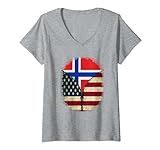 Damen Norwegen Amerikanische USA-Flagge - USA Norwegischer Reißverschluss T-Shirt mit V
