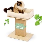 Nemmy Premium Kratzbaum klein beige | Stabiler Kratzstamm extra breit | Katzenbett mit Kissen | Katzenbaum große Katzen | Modern Holz Natur | Kratzsäule |