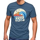 Neverless® Herren T-Shirt Good Vibes Welle Hippie Slogan Statement Surf Design Vintage Retro Fashion Streetstyle Denim Blue L