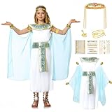 WELLCHY Kostüm Cleopatra für Mädchen, Ägypteri Verkleidung Kinderkostüm Kleid mit Ägyptisches Kopfdekoration, Faschingskostüm, Karneval, Mottoparty (White, 150（12-14yrs）)