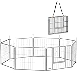 PawHut Welpenauslauf 60 cm Hoch, 8-TLG Hundelaufstall Welpenlaufstall mit Gurt und Tür, Freilaufgehege für kleine bis mittelgroße Hunde, Meerschweinchen, Kaninchen, Stahl, Silb