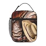 EKYOSHCZ Cowboy Schwarzer Hut Westernstiefel Isolierte Lunchtasche für Damen Herren Wiederverwendbare Lunchbox Auslaufsichere Mittagessen Kühltasche für Büroarb