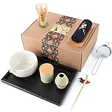 Artcome Japanisches Matcha-Tee-Set, Matcha-Schüssel mit Ausgießer, schwarzes Teetablett, Matcha-Pulver-Caddy, handgefertigtes Matcha-Zeremonie-Set für japanische Teezeremonie (10 Stück)