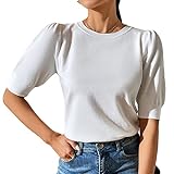 Lässiges T-Shirt für Damen, Bequemes Strick-T-Shirt für den Sommer, Kurze Puffärmel, Lockerer Typ, Rundhalsausschnitt für den Täglichen Gebrauch (XL)