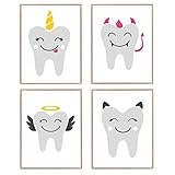 Din A4 Kunstdruck 4er-Set - ungerahmt - Zahn Zähne Engel Teufel Comic Style Zahnarzt Zahnfee Druck Poster B