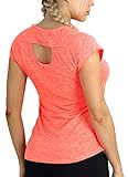 icyzone Damen Sport T-Shirt Kurzarm Laufshirt Rückenfrei Fitness Oberteile Gym Yoga Top (M, Orange)