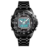 VIGOROSO Herren-Armbanduhr, solarbetrieben, Quarz, Edelstahl, analog, digital, Armbanduhr für Herren, Schwarz, Sp