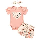 Geagodelia 3tlg Baby Kleidung Outfit Mädchen Babykleidung Set Kurzarm Body Strampler + Blumen Shorts + Stirnband Neugeborene Weiche Sommer Babyset (Pink - Herz, 12-18 Monate)