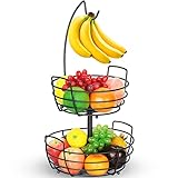 Obstkorb 2 Stöckig mit Bananenhaken - Metall Obststaender für die Arbeitsfläche - Küche Deko Obstschalen für Obst und Gemüse - Schw