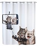 WENKO Anti-Schimmel Duschvorhang Selfie Cat Flex - Anti-Bakteriell, wasserabweisend, waschbar, schimmelresistent mit integrierter Hängeeinrichtung, Polyester, 180 x 200 cm, Mehrfarbig