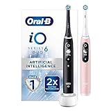 Oral-B iO6 Elektrische Zahnbürsten für Erwachsene, 2 Griffe, 2 Bürstenköpfe, 5 Modi mit Zahnaufhellung, 2-poliger britischer Stecker, schwarze Lava und rosa Sand (Verpackung kann variieren)