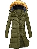 SZORY Damen Mittellanger Wintermantel Dicke warme Parka Jacke mit abnehmbarer Kunstpelzkapuze(Militärgrün,L)