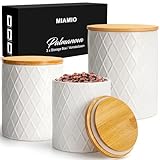MIAMIO - Set von 3 Vorratsdosen Set Keramik mit luftdichtem Deckel aus Holz, Keramikdose, Aufbewahrungsdose - Palmanova Kollektion (Weiß)