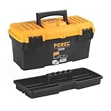 Perel Werkzeugkoffer Kunststoff, Werkzeugkasten leer, Werkzeugbox, Werkzeug Organizer Box, Tool Box, 2 Kunststoff-Verschlüsse, schwarz/orange, 410 x 209 x 195
