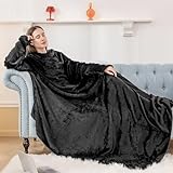 Aisbo TV Decke mit Ärmeln und Füßen - Übergroße Kuscheldecke mit Ärmel und Fußtasche, Decke zum Anziehen Erwachsene Wearable Blanket, Schwarz Ganzkörper Decke mit Armen als Geschenke für Frauen M