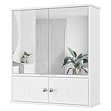 HOCSOK Spiegelschrank, Badezimmerschrank mit Spiegel, Hängeschrank mit 2 Spiegeltüren und 2 Holztüren, Verstellbaren Ablage, fürs Bad, Dusche Raum, Weiß, 60 x 17.5 x 55