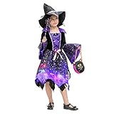 Cloud Kids Leuchtende Hexenkostüm mit Hexenhut Mädchen Halloween Kinder Cosplay Verkleidung für Karneval Fasching Lila Körpergröße 95-110