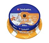 Verbatim DVD-R Wide Inkjet Printable 4.7GB, 25er Pack Spindel, DVD Rohlinge bedruckbar, 16-fache Brenngeschwindigkeit & Hardcoat Scratch Guard, DVD-R Rohlinge printable, DVD