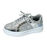 Glitzer Schuhe Damen,Schnürschuhe Flach Silber Schwarz Pailletten Schuhe Plateau Sneaker Weiss Leder Outdoor Sportschuhe Halbschuhe Atmungsaktive Laufschuhe Leicht Schnürschuhe Turnschuhe Sp