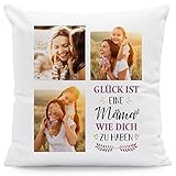 GRAVURZEILE Bedrucktes Kissen mit Spruch - Glück ist eine Mama wie Dich zu haben & eigenen Fotos - Herzliche Geschenke - Geschenk für Mama Mutter zum Muttertag Geburtstag Weihnachten - mit Füllung