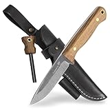 BPS Knives Bushmate Designed by DBK - Bushcraft-Messer - Feststehendes Carbonstahlmesser mit Lederscheide und Feuerstarter - Outdoor Camping Vollang