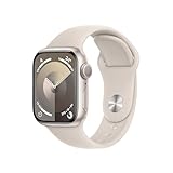 Apple Watch Series 9 (GPS, 41 mm) Smartwatch mit Aluminiumgehäuse und Sportarmband S/M in Polarstern. Fitnesstracker, Blutsauerstoff und EKG Apps, Always-On Retina Display, W