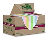 Post-it Super Sticky 100 % Recycling Notes, 12 Blöcke, 70 Blätter pro Block, 47.6 mm x 47.6 mm, Pink, Grün, Blau, Violett, Gelb - Extra starke Haftnotizen aus 100 % Recyclingpap