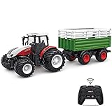 fisca RC Traktor mit Anhänger, 2.4G 1:24 Ferngesteuertes Bauernhof-LKW Hochsimulierter RC Traktor Ackerschlepper mit Licht und S
