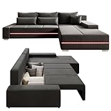 Juskys Sofa Davos Rechts mit Schlaffunktion - Ecksofa für Wohnzimmer mit Bettkasten & LED - Stoff Schlafsofa L Form Couch Beleuchtung - Dunkelg