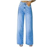 Damen Jeans mit weitem Bein, hohe Taille, Denim, lange Hose, modisch, Boyfriend-Stil, Baggy, Übergröße, Hose mit Taschen, 2-blau, X-Groß